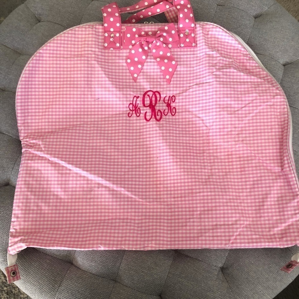 Pink gingham clothing hanging garment bag with AKR
